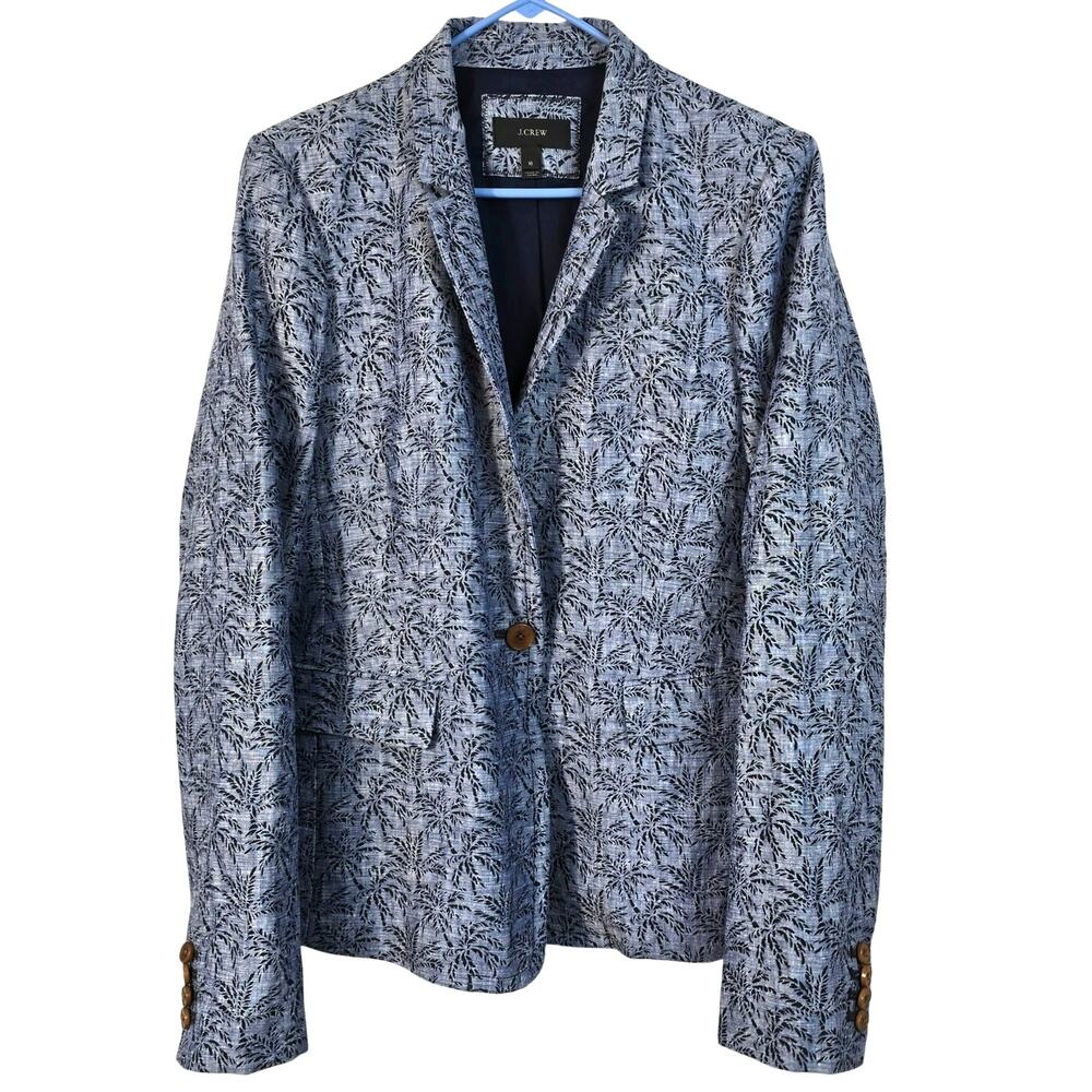 J. Crew Blazer Women's 16 Blue Linen Tropical Palm Trees Coastal Nautical Preppy